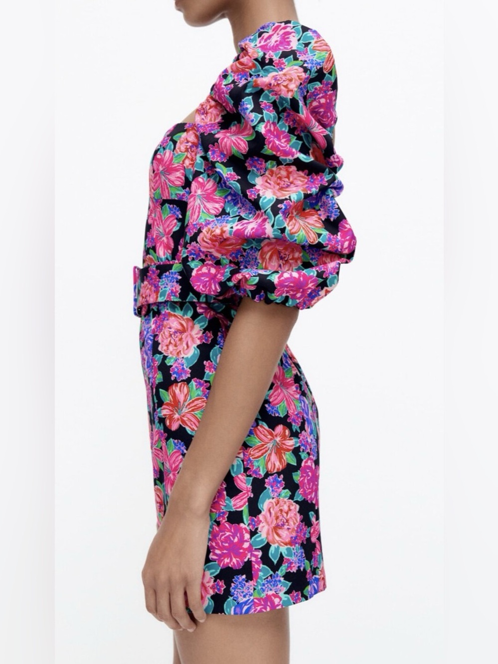 Zara Vibrant Floral Puff Sleeve Belted Mini Dress